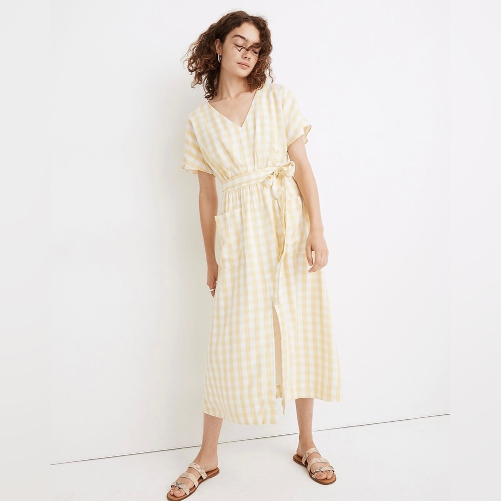 Madewell Tie-Waist Midi Gingham Dress NWT